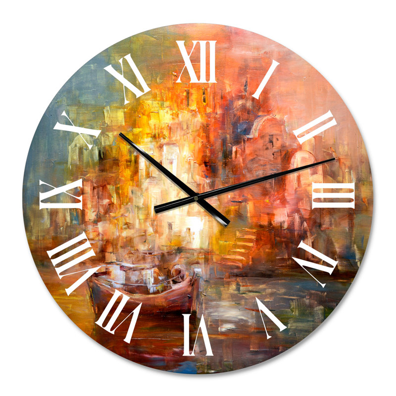 Petits bateaux arrivant à la côte pendant le coucher du soleil - horloge murale traditionnelle, Petit