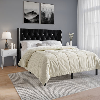 Eymi Velvet Upholstered Bed with 2 Nightstands