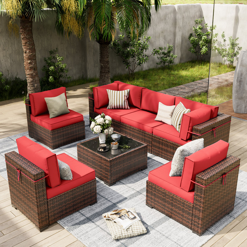 Keyala 7 Piece Rattan Sectional Seating Group with Cushions, Light Red
