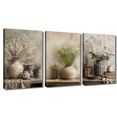 3‑Panel Wall Art Vintage Floral Still Life Wrapped Canvas Print for Living Room