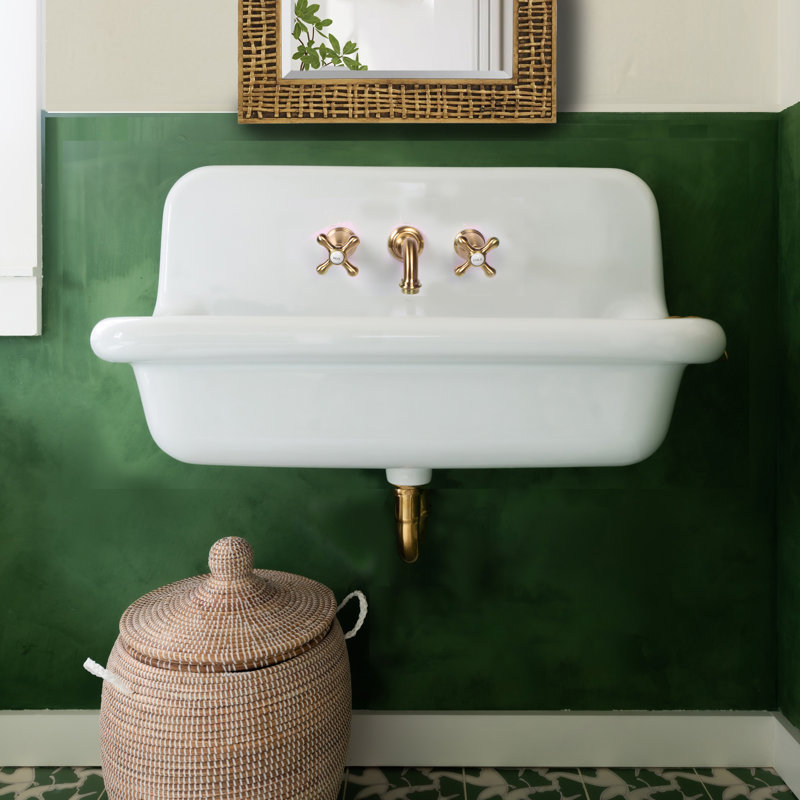 Ensemble de lavabo mural avec robinet, bonde et siphon en Fireclay, Blanc / Doré