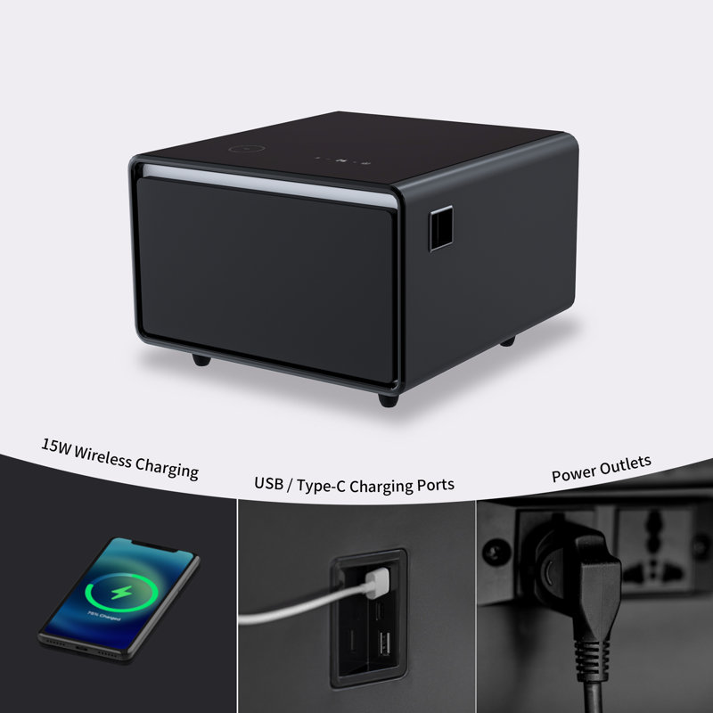 Black High Gloss Smart End Table with Fridge Drawer and Charging Station