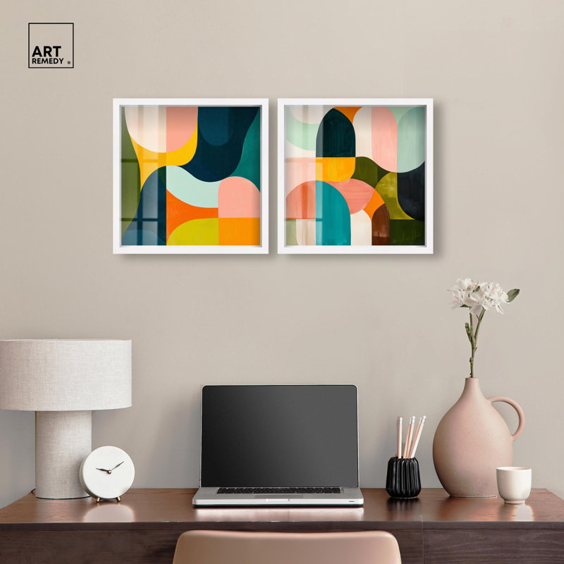 Ensemble de décorations murales colorées « Shadowbox » aux tons froids et chauds par Art Remedy, cadre noir, 12 x 12