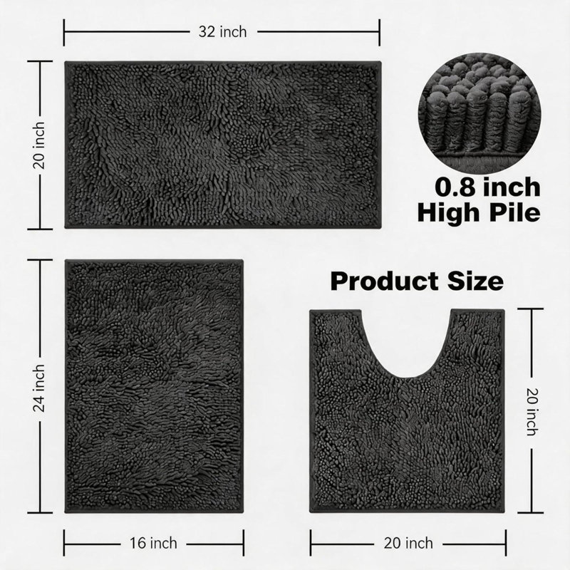 Non Slip Chenille Bath Mat Sets 3 Pieces - Soft And Anti Mould Bath Mats For Safety And Comfort - Water Absorbent And Quick Drying - Bathroom Carpet Set With U-Shaped Toilet Mat(Dark Grey)