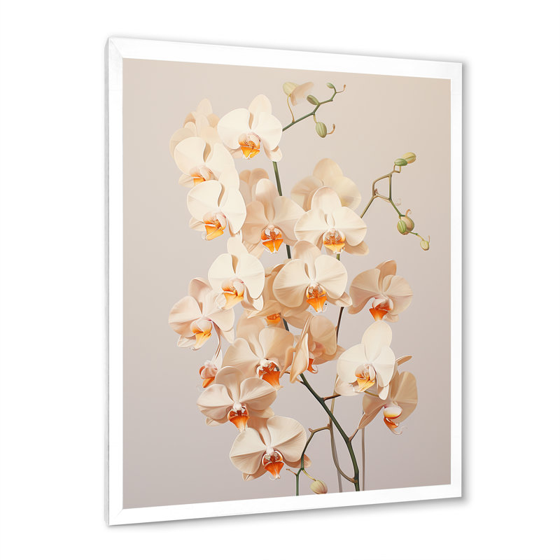 Orchidées beiges tranquillité V, Cadre simple blanc, H 44 po x l 34 po x P 1,5 po