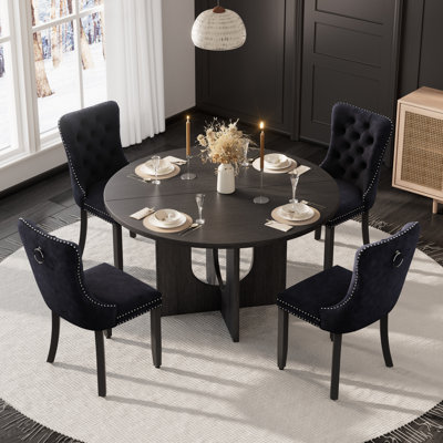 Wooden Farmhouse Dining Table Set, Round Dining Table with Tufted Velvet Dining Chair for Dining Room