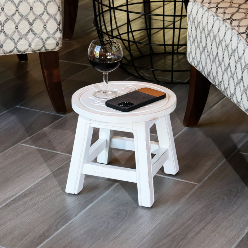 Wooden Stool In Antique White - Maple Leaf Rubberwood For And Decorative Use 10 H, 11 D Step Stool, With Detail Construction For Decor H X
