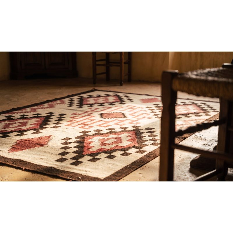 Antique Light Ivory Color Tribal Geometric Native American Flatweave Navajo Rug