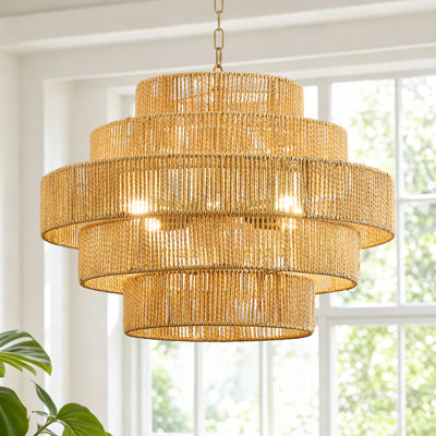 Lustre en rotin tissé à la main à 8 lumières à intensité variable