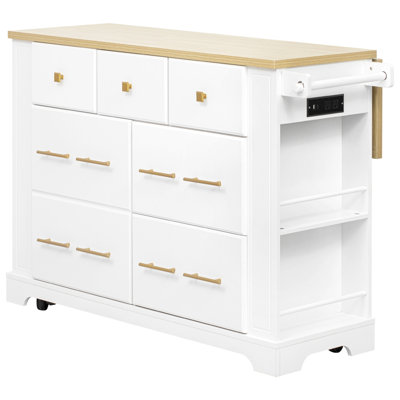 Kitchen Island with 6 Drawers, Pull Out Trash Can Storage, Rolling Kitchen Island on 5 Wheels with Drop Leaf, Power Outlet, 5 Open Side Racks for Kitchen, Dining Room