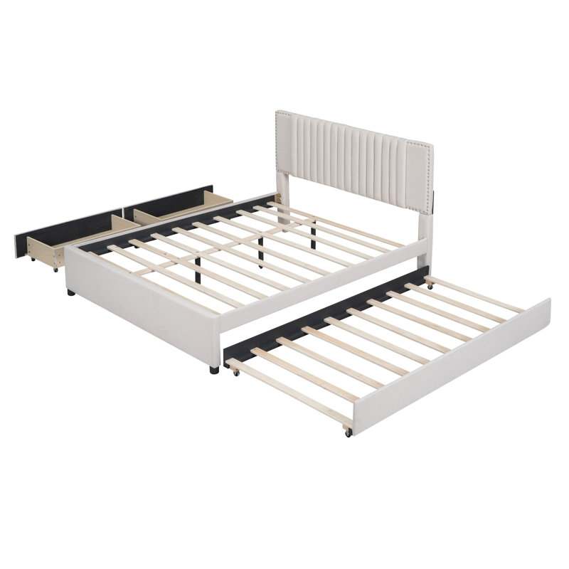 Full Size Bed With Twin Size Trundle, Double, Beige