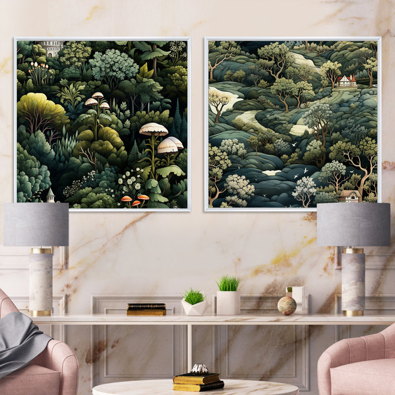 Camron - ensemble de 2 collages carrés forêt, Cadre flottant blanc, H 30 po x l 61 po