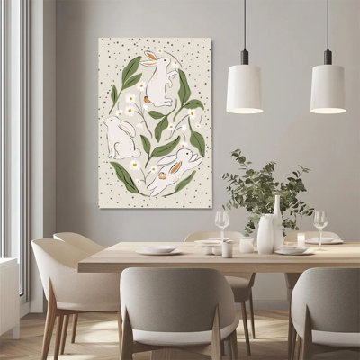 1Pc Easter Framed Canvas Poster Print Rabbit, Daisy and Green Leaves, Hand-Drawn Illustration Style Wall Decor, Ready To Hang - Modern Christian Decor, Perfect for Room Decor Living Room Bedroom Office Bathroom Decor