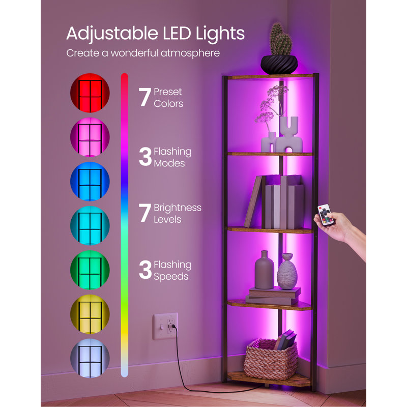 5-Tier Corner Bookcase with LED Lights, Rustic Brown