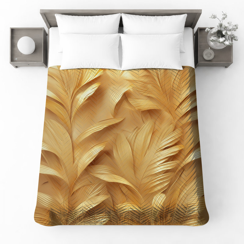 Textured Leaf Pattern Quilted Thin Bedspread, Twin, Medium Gold Medium Gold