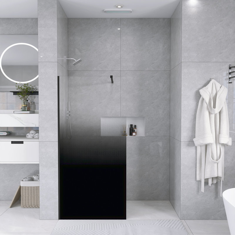 34 po L 72 po H Porte de douche fixe avec verre trempé noir de 1/4 po d'épaisseur noir mat | Barre de support en aluminium. | Poignée en acier inoxydable