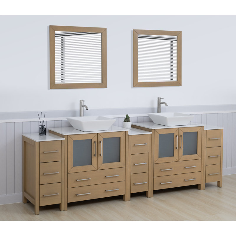 Ensemble de meuble-lavabo autoportant à double cuve 96 "avec plateau en marbre et miroirs assortis Ravenna, Chêne naturel