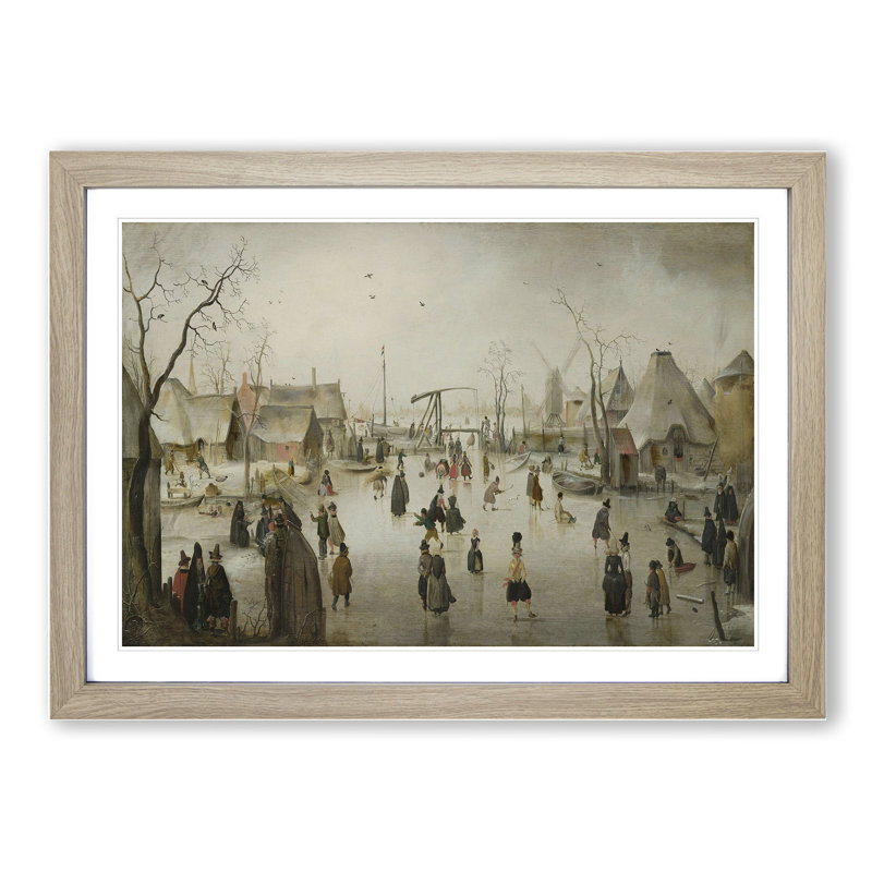 Ice-Skating in a Village by Hendrick Avercamp - Picture Frame Painting, Oak Framed, 27cm H x 36cm W x 2cm D