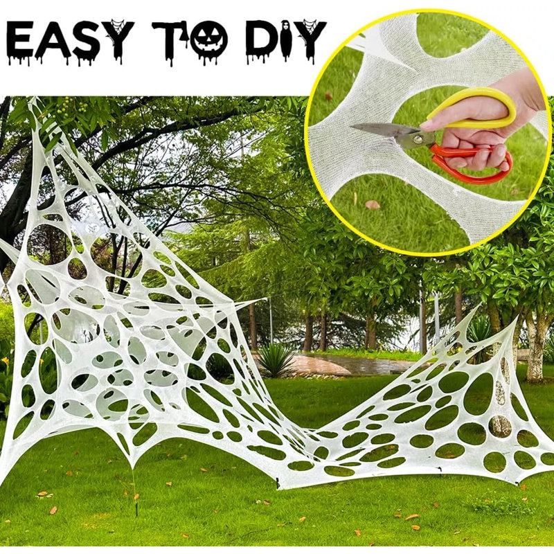 450 Sqft Spider Webs Gauze & 49in Spider Halloween Decorations Outdoor Stretchy Webs