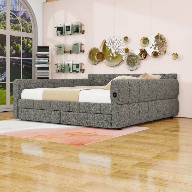 King Size Upholstered Daybed with Built-in USB Ports and Dual Storage Drawers, Gray