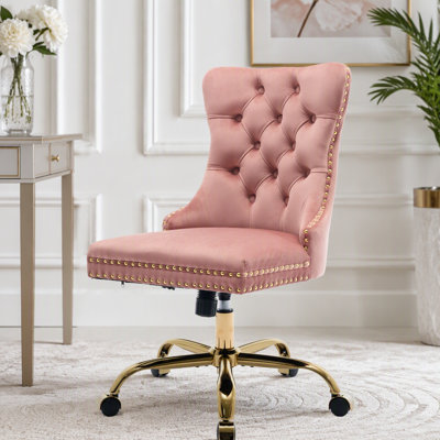Chaise de bureau en velours de luxe avec base dorée et capitonnage à losanges