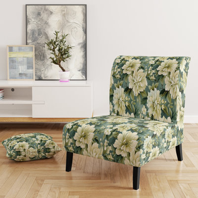 Fauteuil de chambre rembourré beige et vert avec pivoines damassées Serenity II