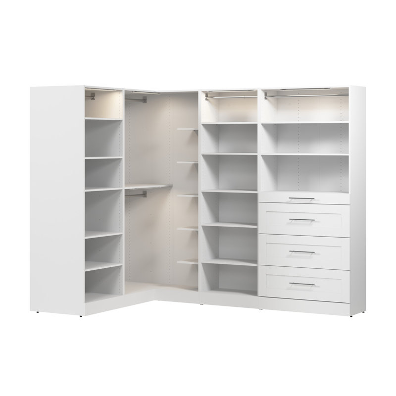 Système d'organisation en L de 105 po x 61 po Bestar Florence avec lumières DEL, tringles, tablettes et tiroirs, style Shaker