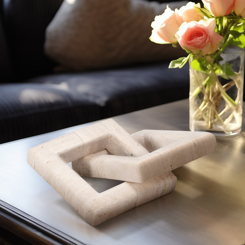 Decorative Travertine Square Interlocking Links for Home Decor – Modern Decorative Object for Shelf Styling or Living Room Decoration – 16", Ivory