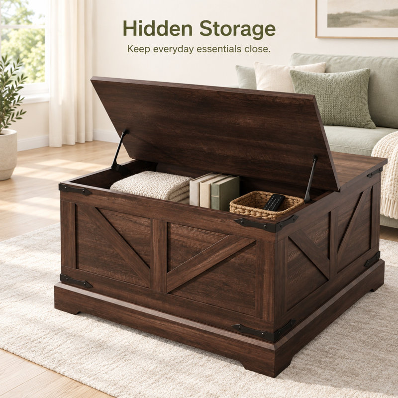 31.5" W Coffee Table with Hidden Storage, Farmhouse Lift Top Coffee Table for Living Room -Brown, Brown