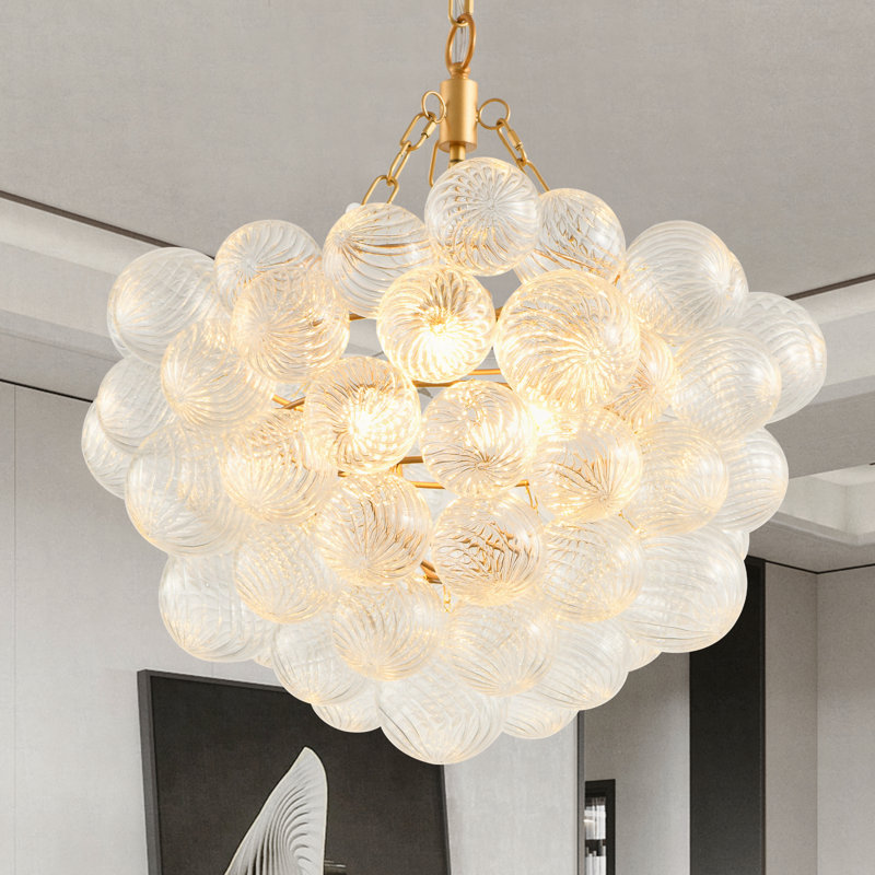 Lustre suspendu doré avec abat-jour sphérique en verre transparent fileté - Hauteur réglable, idéal pour le salon, la salle à manger, la cuisine (sans ampoules)