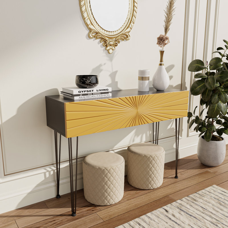 Mordern 39.4" Black & Gold Console Table with Storage Wood Entryway Table with 2 Drawers
