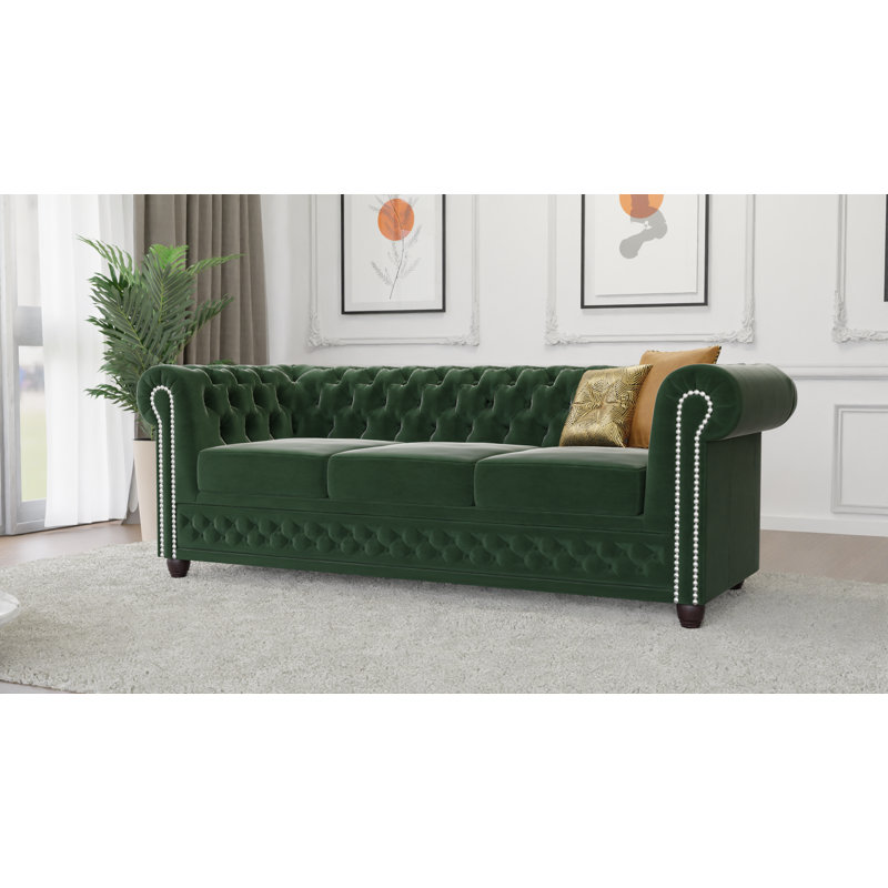 Chesterfield Hanna Sofa Set with Sleeping Function 3+2+1 Made of Velvet Fabric with Solid Wood Legs, Bottle Green