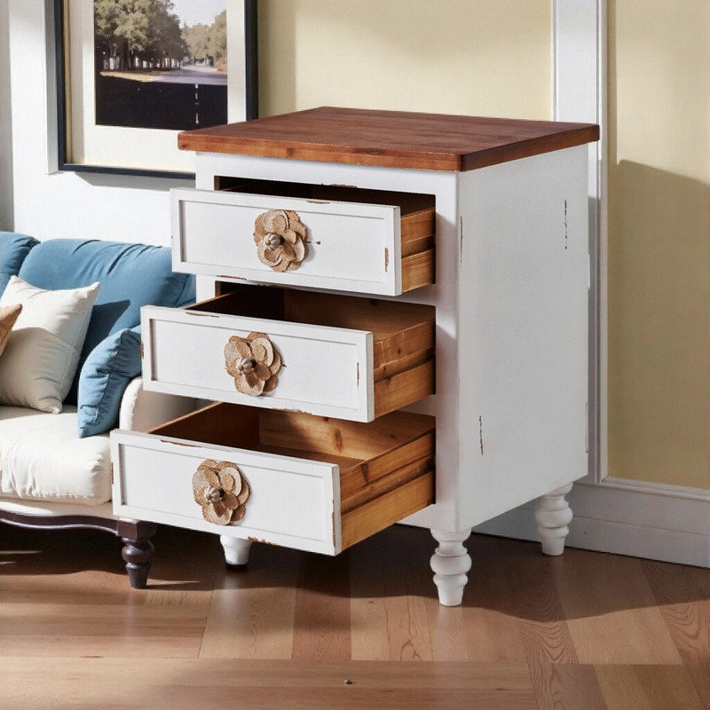 Table de bout Vintage Farmhouse avec boutons floraux - Table de chevet rustique 19 po avec 3 tiroirs, Blanc antique