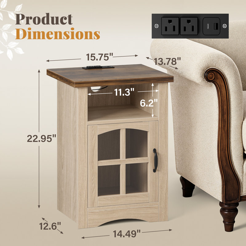 Farmhouse Led Lighted End Table,storage Nightstand With Charging Station And Glass Door, 1,  Walnut Top/Natural Base