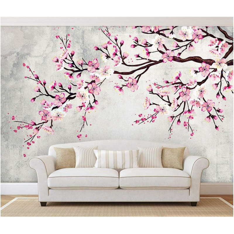 Peinture à l'encre de style aquarelle sur peinture murale rétro, Rose, L 100 po x l 144 po