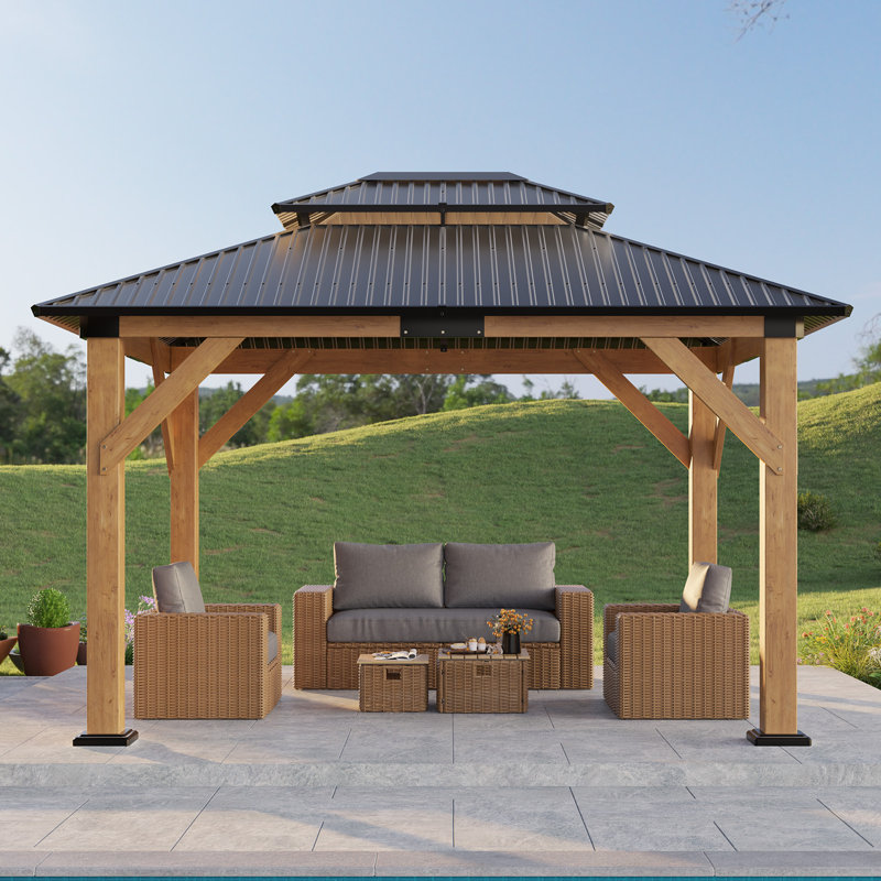 Hardtop Double Roof Solid Wood Gazebo, Dark Gray, 10 Ft x 12 Ft