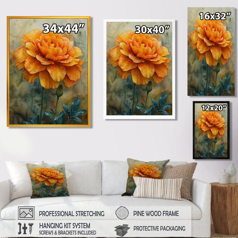 Orange orange, matin, rosée, souci - décoration murale souci, H 24 po x l 32 po, Toile tendue