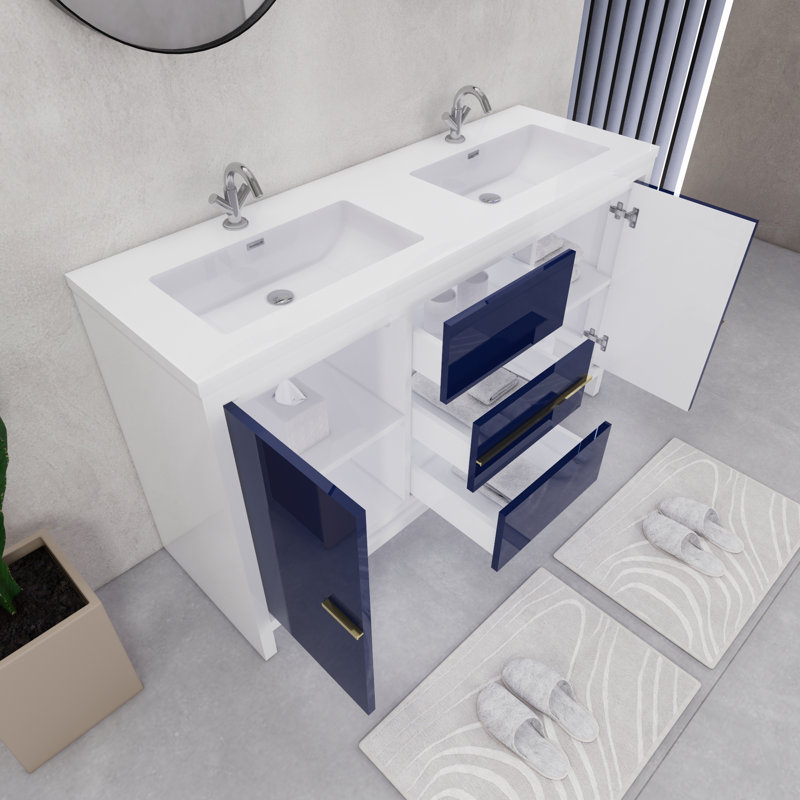 Eden 60" Double Sink Bathroom Vanity Set, Gloss White/Blue