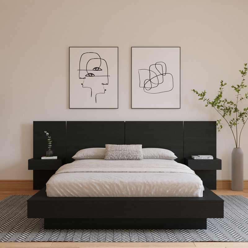 Ensemble de chambre à coucher 3 pièces avec lit et 2 tables de chevet flottantes Kaenen, Grand, Noir