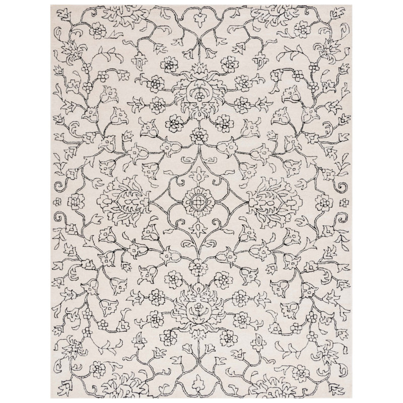Elizaida Hand Tufted Wool/Viscose Floral Rug in Ivory/Black, Rectangle 8' x 10'