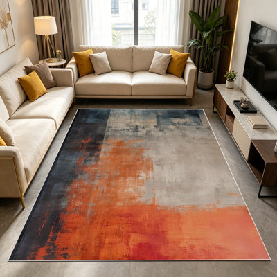 1PC Burnt Orange Taupe Grey Distressed Abstract Watercolor area rugs for Living Room, Soft, All seasons, Easy-maintain, Washable Indoor mat, Farmhouse suitable for dining room, bedroom, home office...