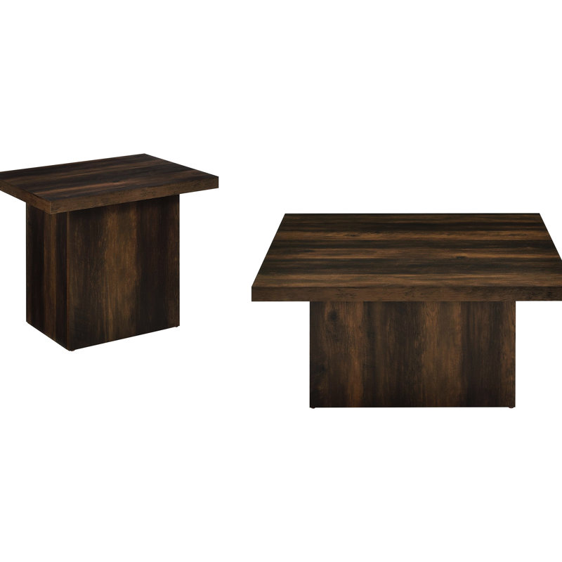 2 pièces, table basse et table de bout carrée en pin foncé, silhouettes modernes et épurées, structure audacieuse, bois d'ingénierie pour salon principal, placage, espaces, conceptions ouvertes