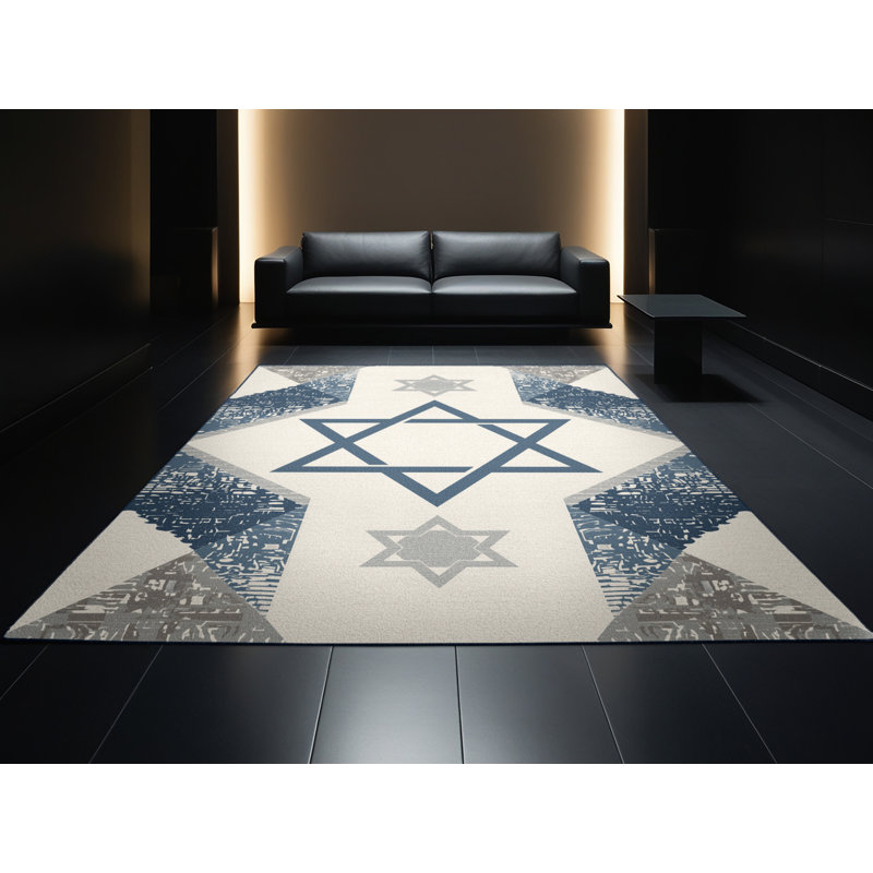 Machine Washable Aguayo Hanukkah Modern & Contemporary Abstract Rug in Beige – Navy Binding, 4x6