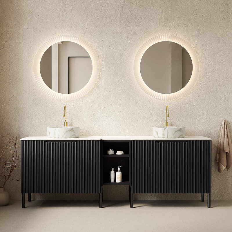 Meuble-lavabo double autoportant avec lavabos en pierre et comptoir robuste
