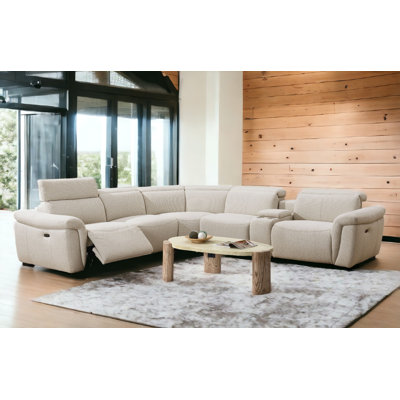 Dayana Beige Boucle Power Recliner Sectional Sofa For 5 People With Cupholder Console & Adjustable Headrest