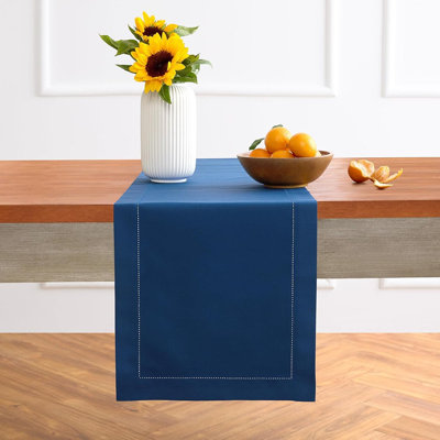 Chemin de table en coton et lin - Bleu lapis - Ajouré, pour commode et table basse, décor d'hiver
