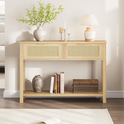 Console Farmhouse Rattan - Canapé d'entrée 43 po avec 2 tiroirs et tablette ouverte