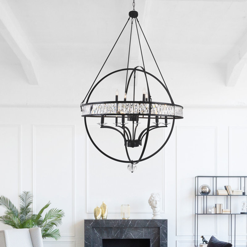 42" Black Chandelier for Dining Room, Grand Foyer – 12-Light Orbital Frame with Faceted Crystals & E12 Bulb Base – LED Compatible, Industrial-Traditional Hybrid – BACL Certified