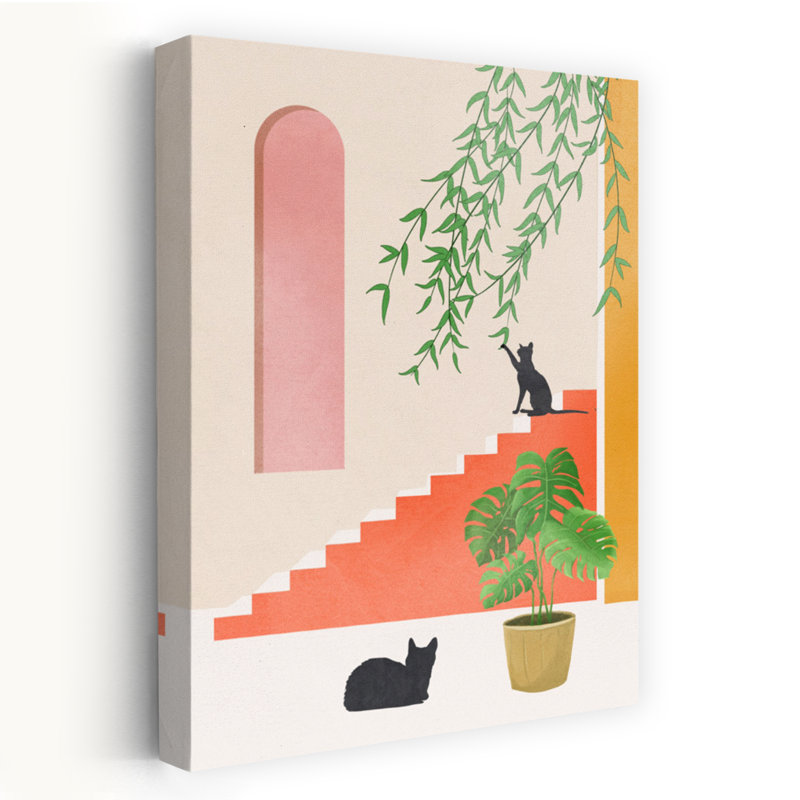 Playful Cats And Houseplants by Nadjaa - Wrapped Canvas Print, 60.96 cm H x 40.64 cm W