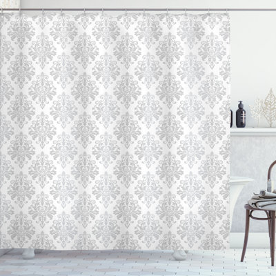 East Urban Home Damask Grey Shower Curtain Baroque Botany Swirls Pale Grey and White